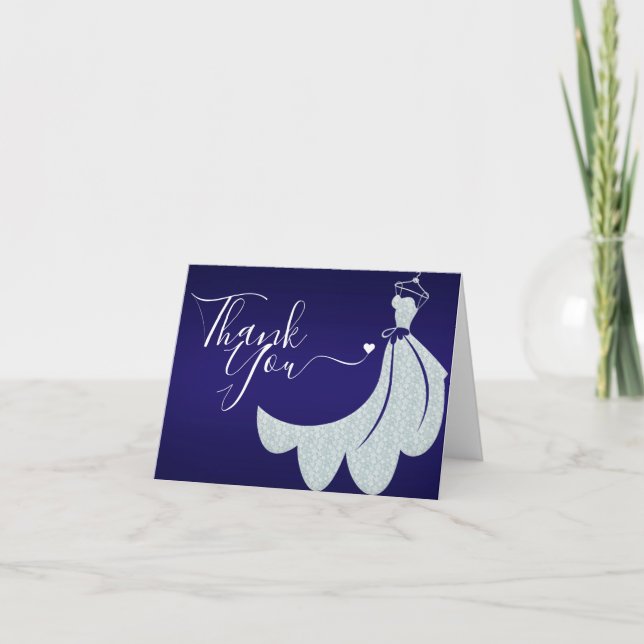 Wedding Dress on Cobalt Blue | Bridal Shower Thank You Card (Front)