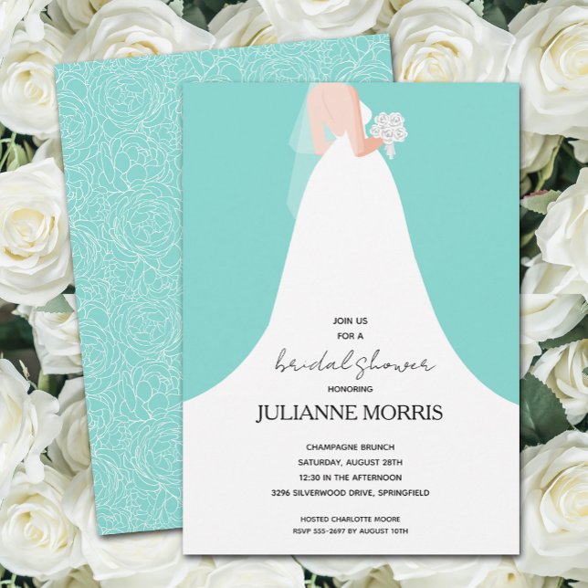 Wedding Dress on Turquoise Bridal Shower Invitation (Creator Uploaded)