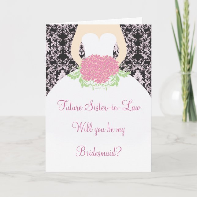 Wedding dress, pink damask on black Bridesmaid Invitation (Front)