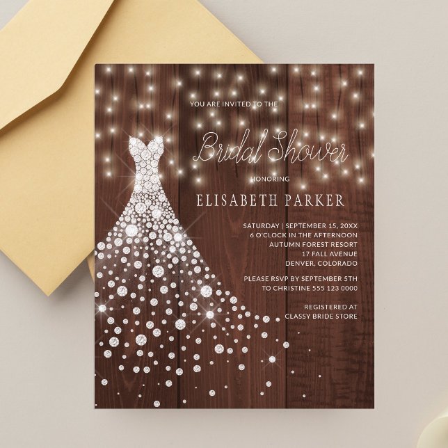 Wedding dress rustic wood bridal shower invitation (Creator Uploaded)