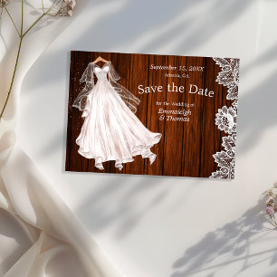 Wedding Dress Save the Date Rustic Wood Lace