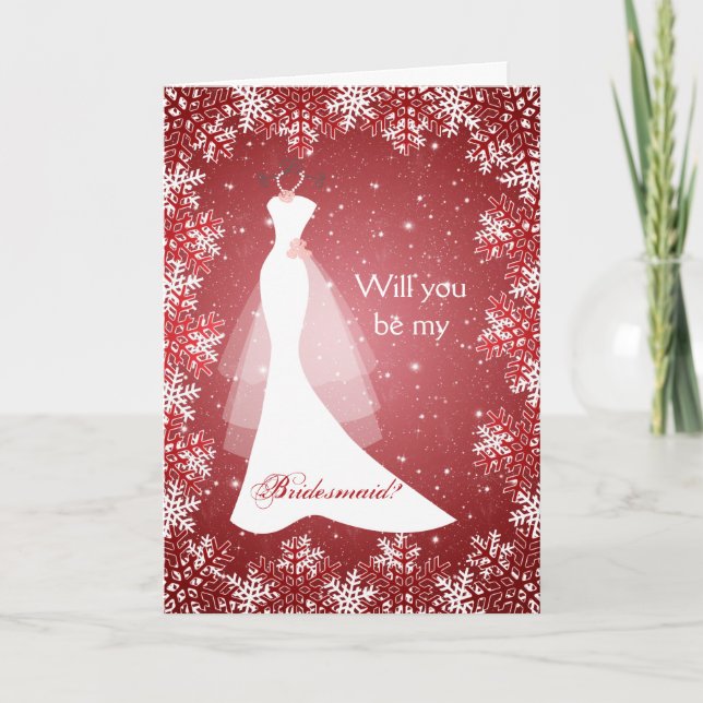 Wedding dress, snowflakes on red Bridesmaid Invitation (Front)
