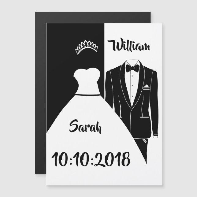Wedding dress tuxedo black and white magnetic invitation (Front/Back)