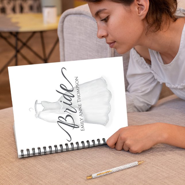 Wedding Dress Watercolor Personalised  Notebook (Simple Bride notebook with elegant bridal gown. )