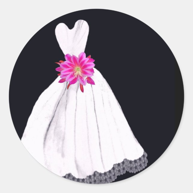 Wedding Dress with Pink Tropical Flower Bouquet Classic Round Sticker (Front)