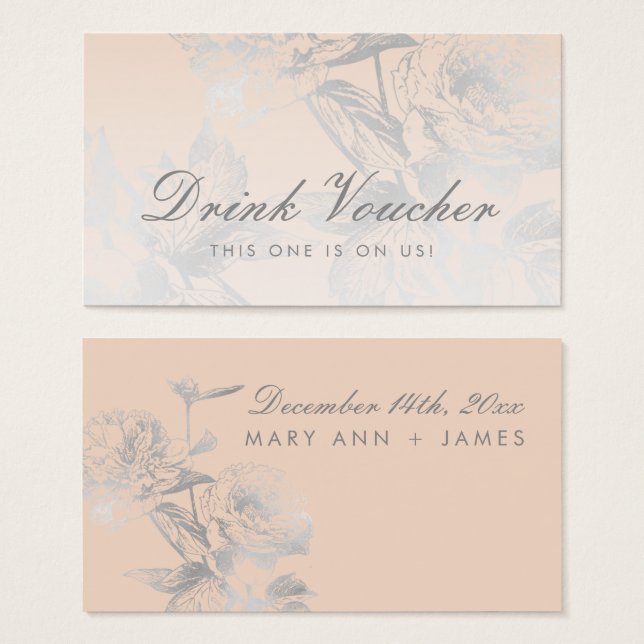 Wedding Drink Voucher Simple Floral Silver Blush (Front & Back)