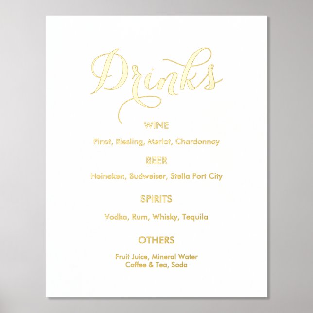 Wedding Drinks Bar Menu Gold White Foil Prints (Front)