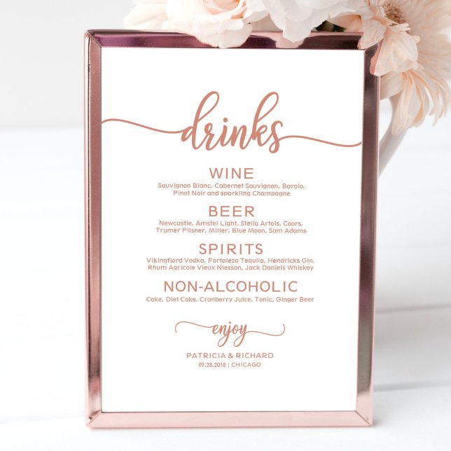 Wedding Drinks Bar Menu Rose Gold Calligraphy Poster (Creator Uploaded)