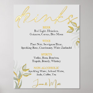 Wedding Drinks Bar Sign Watercolor Leaves