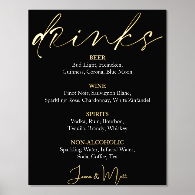 Wedding Drinks Black Bar Menu  Foil Prints (Front)