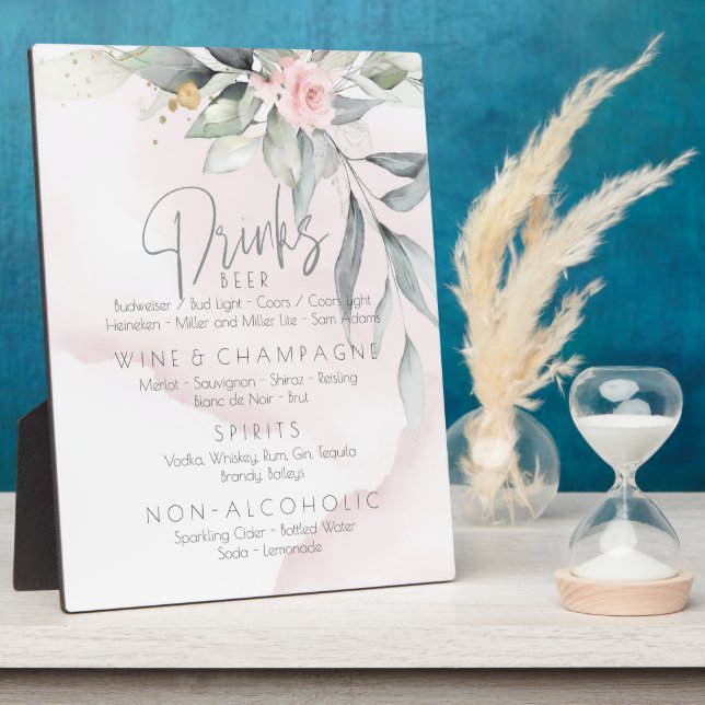 Wedding | Drinks Menu BOHO Foliage Pink Rose Plaque (Side)