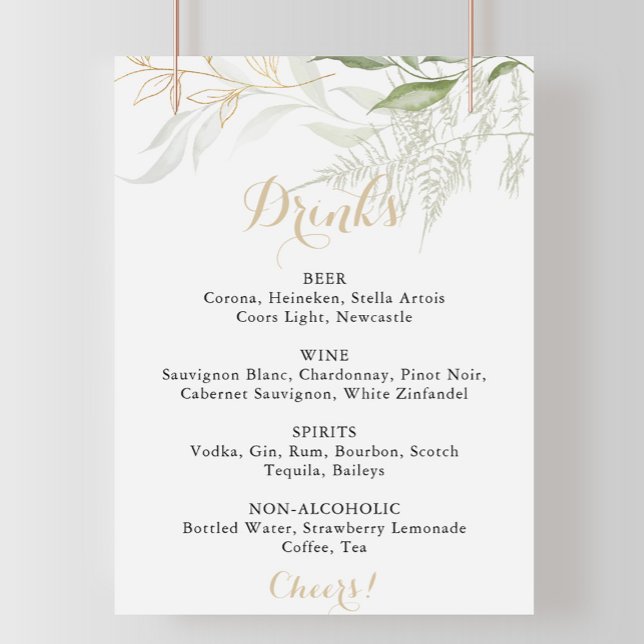Wedding Drinks Menu Gold Green Foliage Sign (Creator Uploaded)