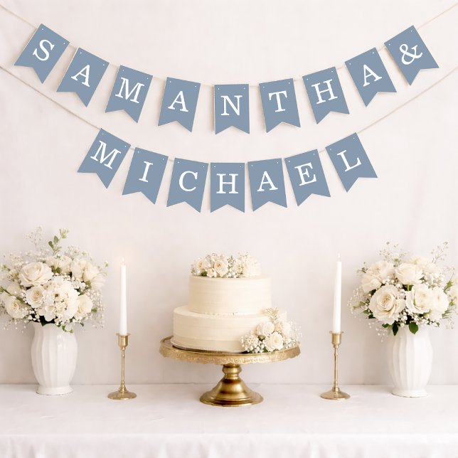 Wedding Dusty Blue Bride & Groom Names Simple Bunting (Creator Uploaded)