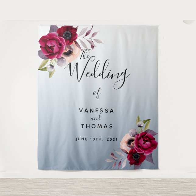 Wedding dusty blue burgundy florals photo backdrop tapestry (Front)