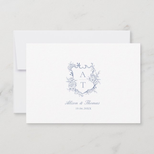 Wedding  Dusty Blue Crest Monogram Details Card (Back)