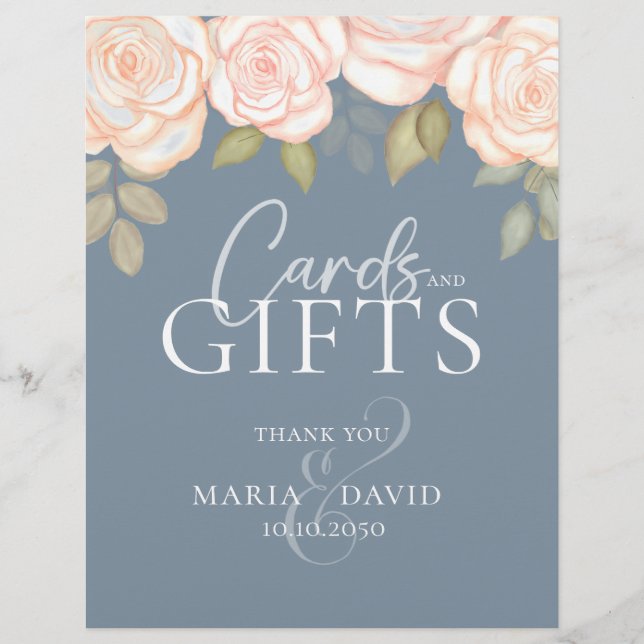 Wedding Dusty Blue Floral Cards and Gifts Sign (Front)