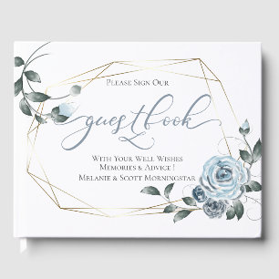 Wedding Dusty Blue Floral Gold Frame Guest Book