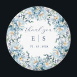 Wedding dusty blue floral wreath thank you magnet<br><div class="desc">"
White background,  with a beatiful dusty blue watercolor floral wreath. Personalise and add your names and the date.</div>