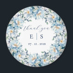 Wedding dusty blue floral wreath thank you magnet<br><div class="desc">"
White background,  with a beatiful dusty blue watercolor floral wreath. Personalise and add your names and the date.</div>