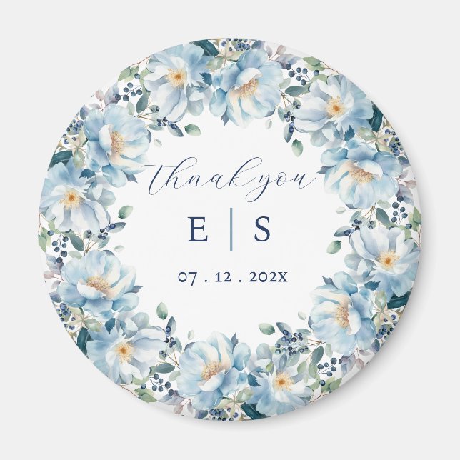 Wedding dusty blue floral wreath thank you magnet (Front)