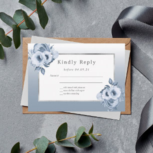 Wedding dusty blue florals chic silver RSVP Card