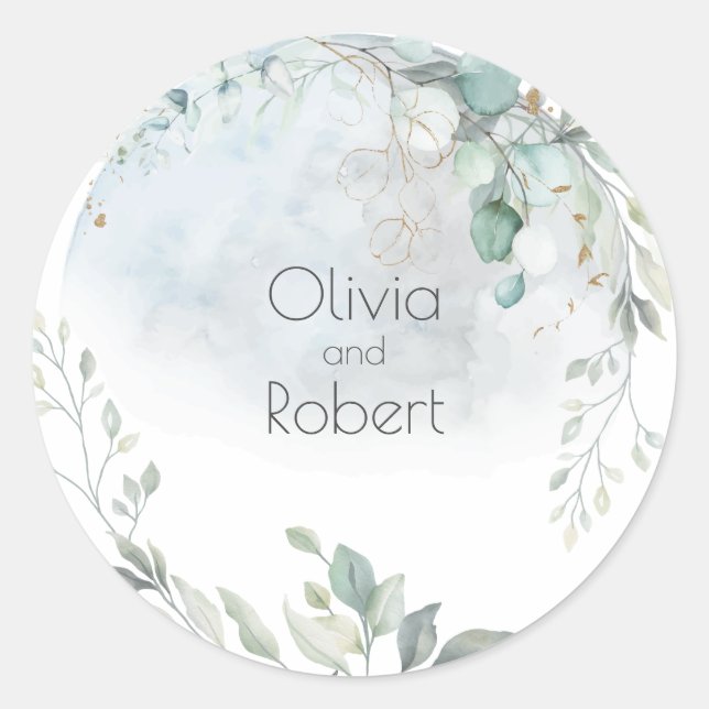 Wedding | Dusty Blue Over the Moon in Love Classic Round Sticker (Front)