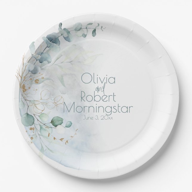 Wedding | Dusty Blue Over the Moon in Love Paper Plate (Front)