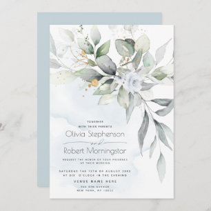 Wedding   Dusty Blue Rose Woodland Greenery Boho Invitation