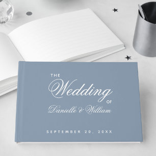 Wedding Dusty Blue Simple Script White Calligraphy Guest Book