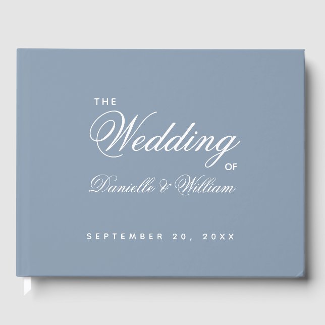 Wedding Dusty Blue Simple Script White Calligraphy Guest Book (Front)