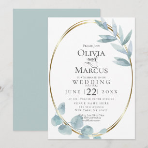 Wedding   Dusty Blue Watercolor Eucalyptus Leaves Invitation