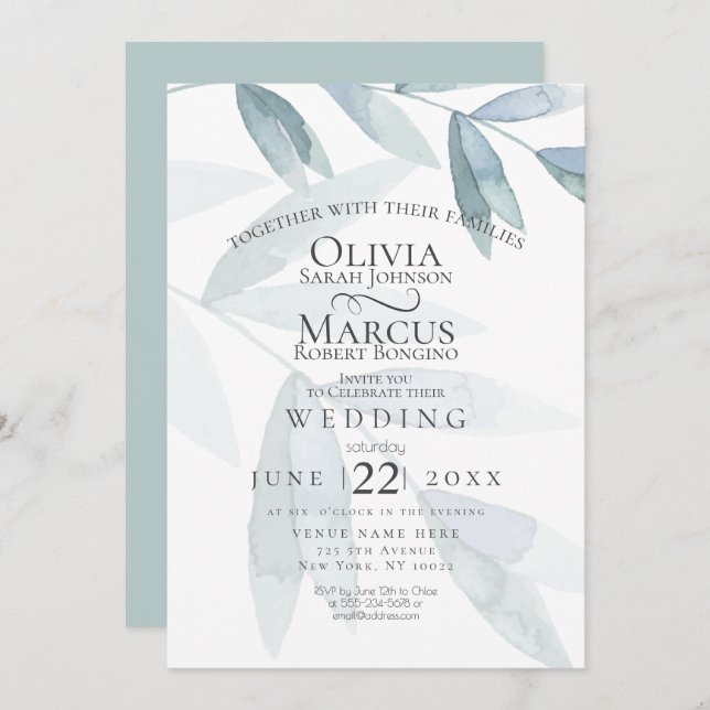 Wedding | Dusty Blue Watercolor Eucalyptus Leaves Invitation (Front/Back)