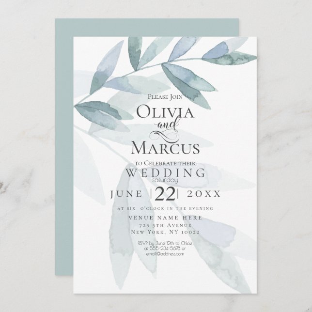 Wedding | Dusty Blue Watercolor Eucalyptus Leaves Invitation (Front/Back)