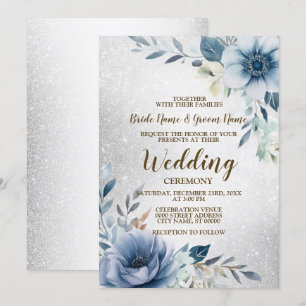 Wedding Dusty Blue Watercolor Flowers Silver Invitation