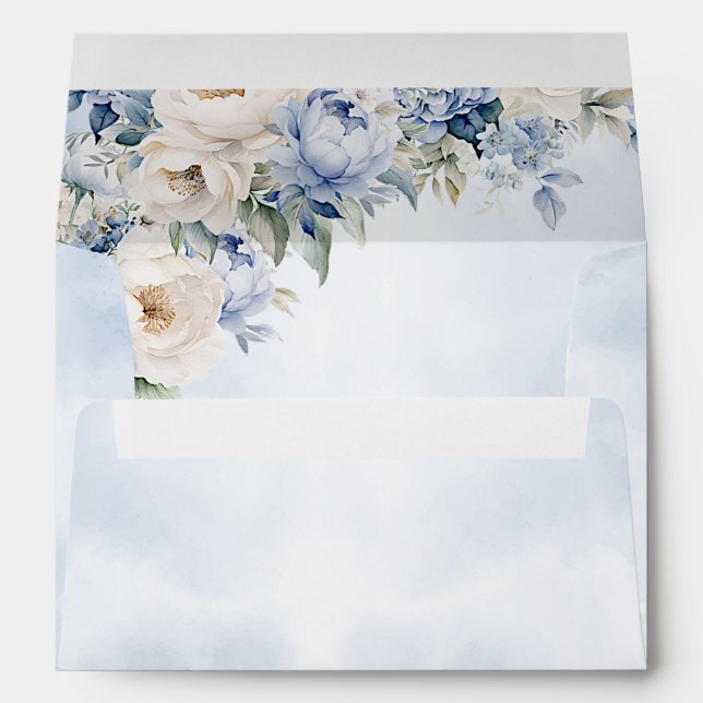 Wedding Dusty Blue Watercolor Ivory Flowers Leaves Envelope (Back (Bottom))