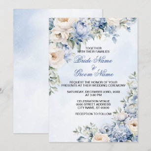 Wedding Dusty Blue Watercolor Ivory Flowers Leaves Invitation