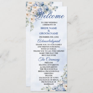 Wedding Dusty Blue Watercolor Ivory Flowers Leaves Program
