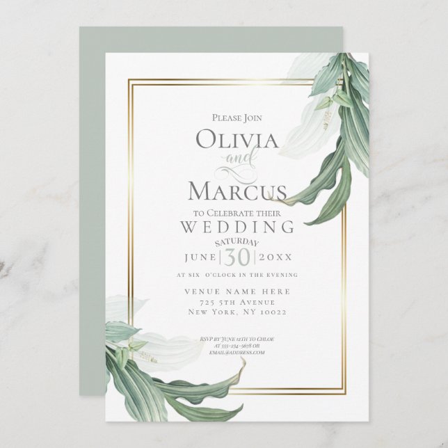 Wedding | Dusty Green Elegant Tropical Foliage Invitation (Front/Back)