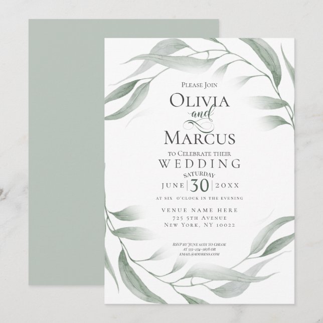 Wedding | Dusty Green Woodland Watercolor Foliage Invitation (Front/Back)