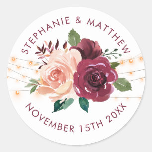  Wedding Dusty Rose Burgundy String Lights Classic Round Sticker