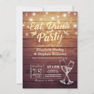 Wedding EAT Drink Party Champagne Glass Wood Light Invitation