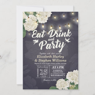 Wedding EAT Drink & Party Hydrangeas String Lights Invitation