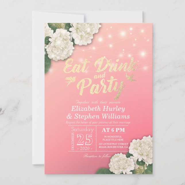 Wedding EAT Drink & Party Hydrangeas String Lights Invitation (Front)