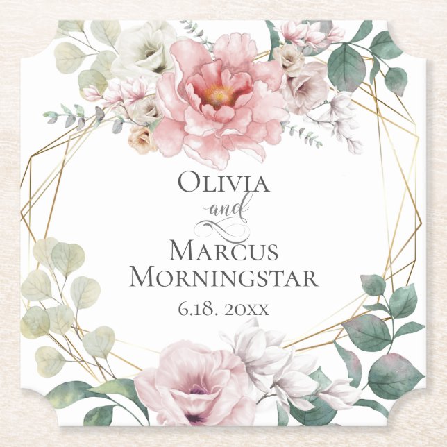 Wedding Elegant Baby Pink Peony Flowers Paper Coaster (Front)