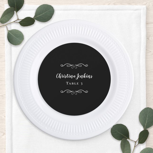 Wedding Elegant Black White Round Chic Place Card (Wedding Elegant Black & White Round Custom Guest Dinner Table Place Card)
