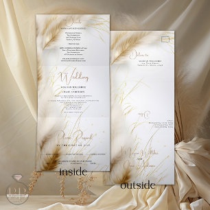 Wedding   Elegant Boho Ivory and Gold Pampas Tri-Fold Invitation