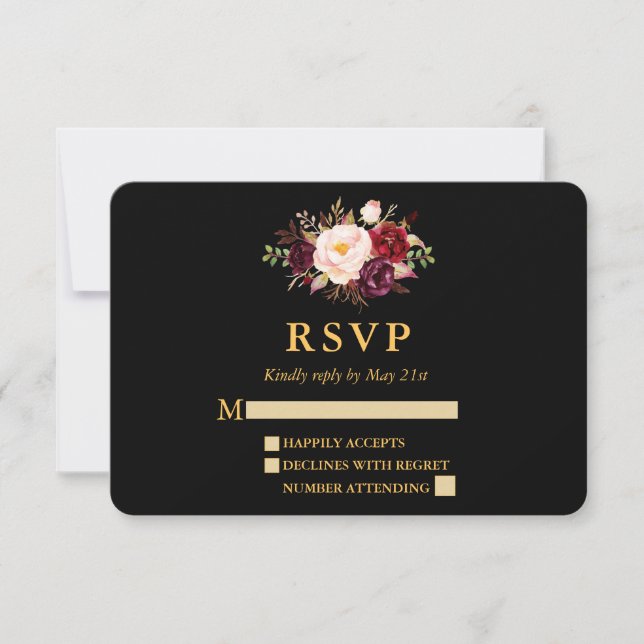 Wedding Elegant Burgundy Floral Black Gold RSVP (Front)