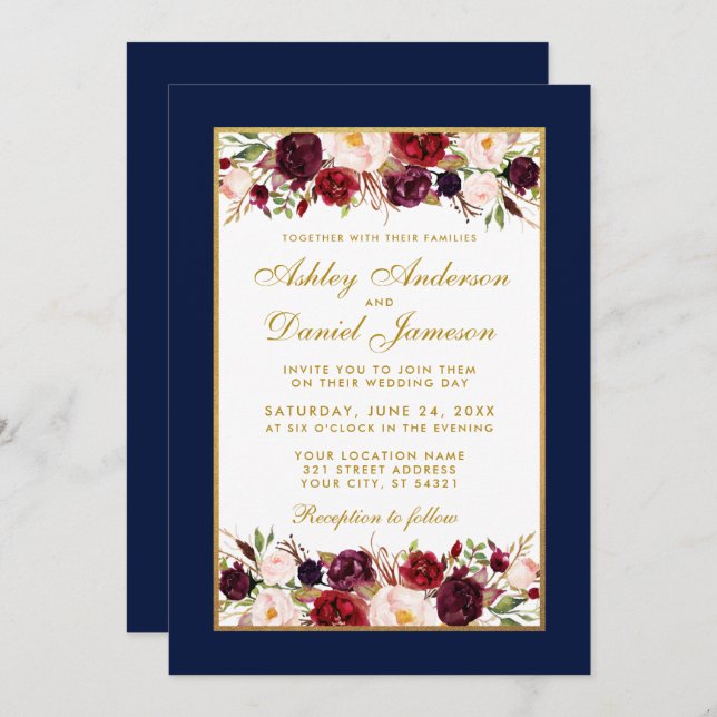 Wedding Elegant Burgundy Floral Blue Gold Frame Invitation (Front/Back)