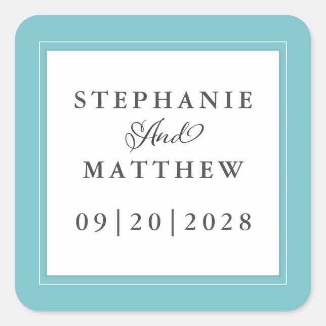 Wedding Elegant Calligraphy Modern Chic Aqua White Square Sticker (Front)