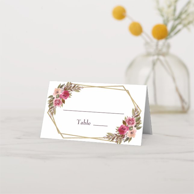 Wedding Elegant Chic Floral Gold Frame White Place Card (Front)